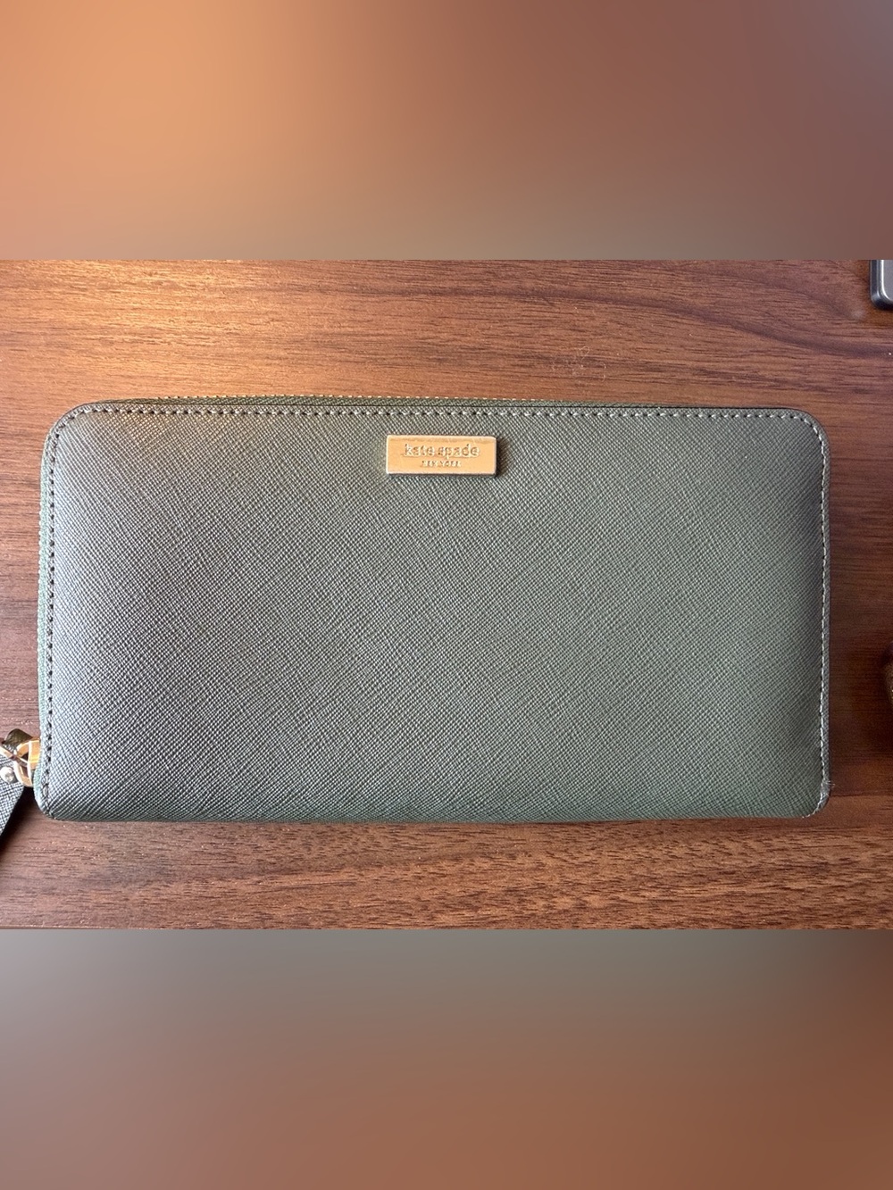 kate spade olive green zip wallet with gold logo